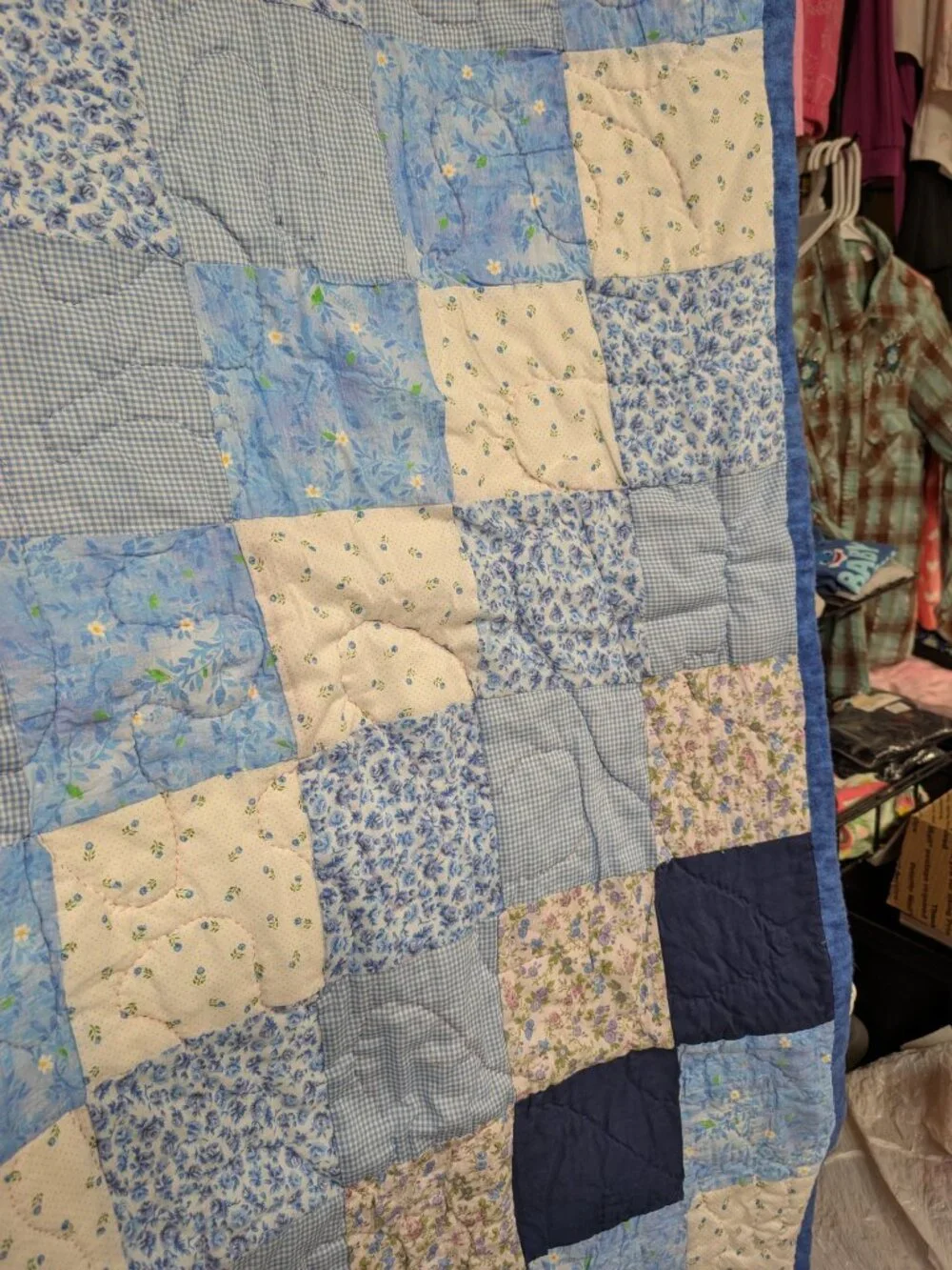 Handmade Blue Floral Patchwork Quilt - Vintage Throw